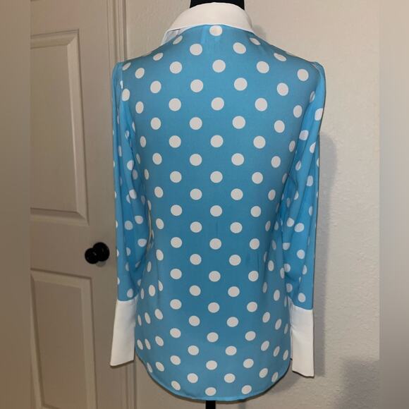 VINTAGE ANNE KLIEN POLKA DOT BLOUSE WITH SLIT CUFF SIREN BLUE/NYC WHITE SIZE XS - Picture 2 of 13